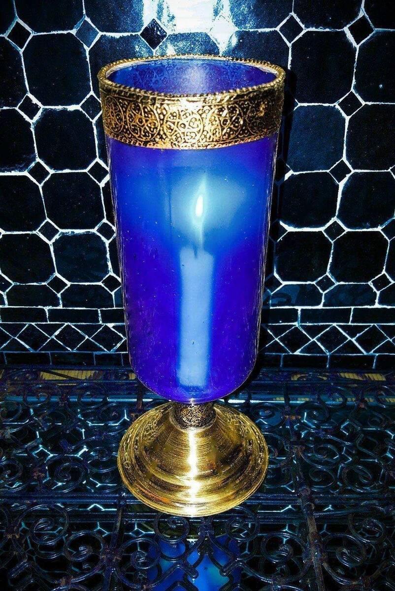 glas ljusstake blå